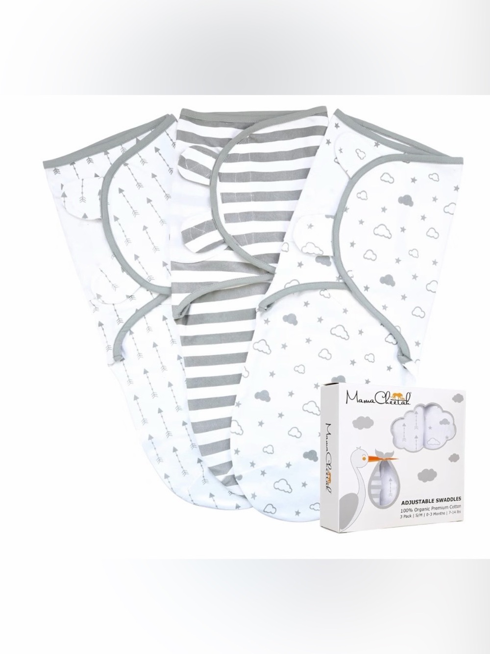 Mama Cheetah Gray & White Baby Swaddle Set - 3 Pack - size small/medium